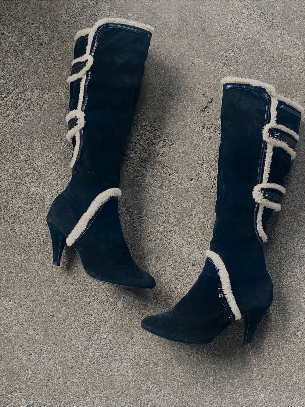 Segolene Paris Black Suede Knee-High Heeled Boots with Cream Trim